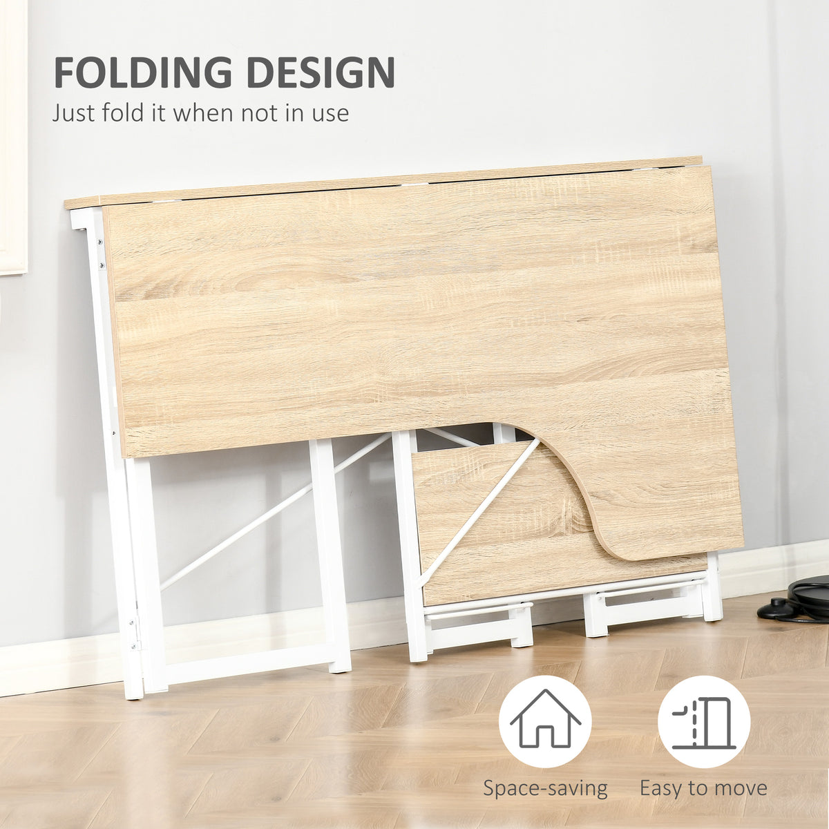 Folded oak-tone desk with white metal frame for compact storage