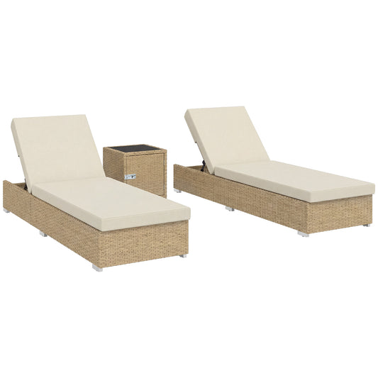 Photo of Outsunny Rattan Sun Loungers Set of 2 with Side Table, Garden Recliner Sunbeds with Adjustable Back, Cushions, Beige in Beige colour on a white background