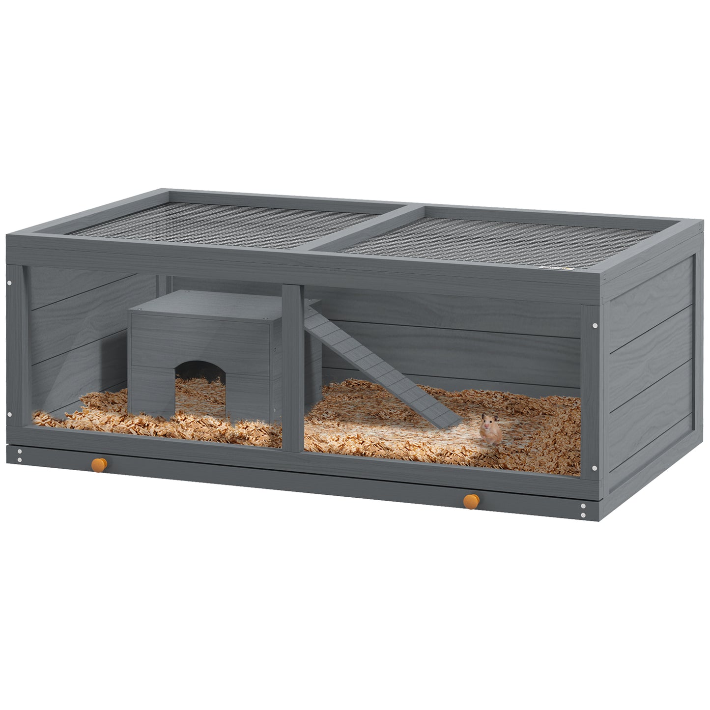 Photo of PawHut Wooden Hamster Cage with Sliding Tray, Openable Top, Hut for Syrian Hamster, Grey in Grey colour on a white background