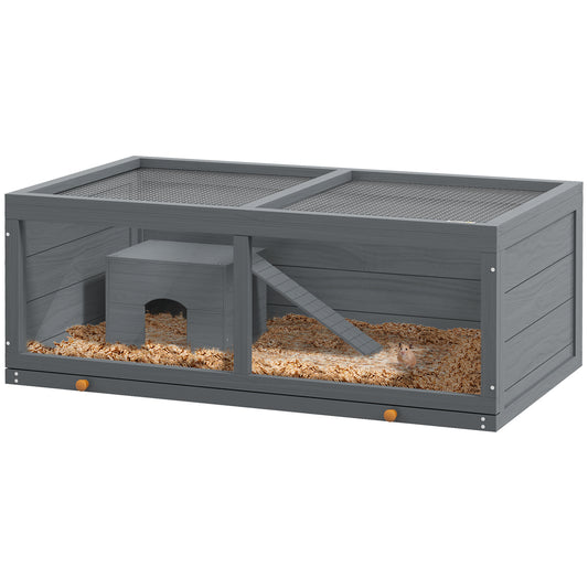 Photo of PawHut Wooden Hamster Cage with Sliding Tray, Openable Top, Hut for Syrian Hamster, Grey in Grey colour on a white background