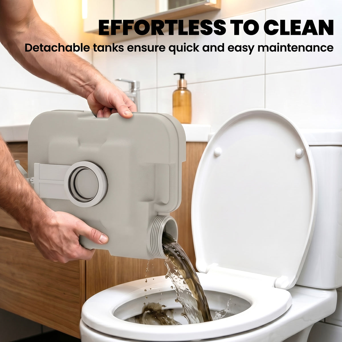 Grey portable toilet with detachable tank being emptied into a household toilet
