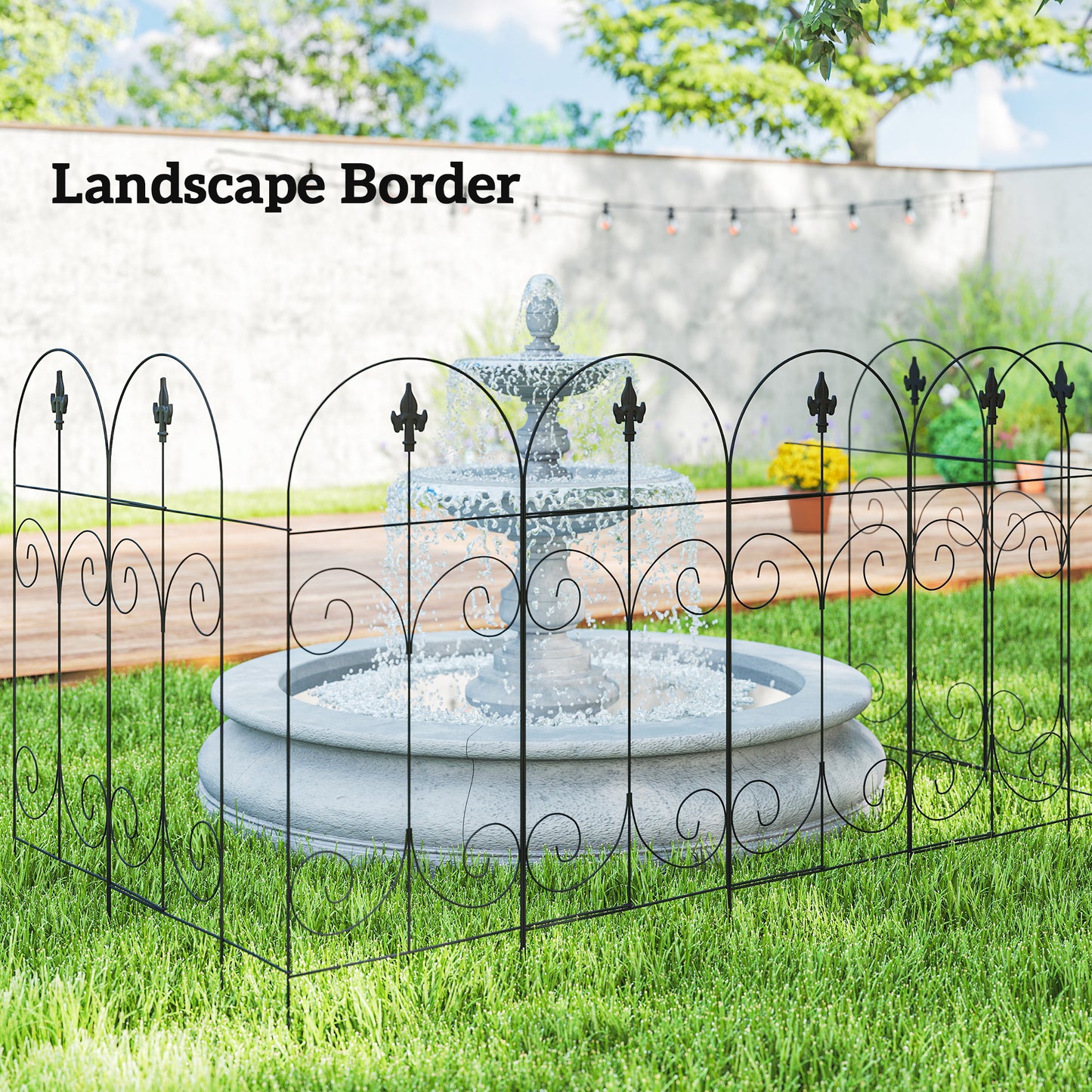 Outsunny Decorative Garden Fencing, 8PCs 44in x 12.5ft Outdoor Picket Fence Panels, Rustproof Metal Wire Landscape Flower Bed Border Edging, Black