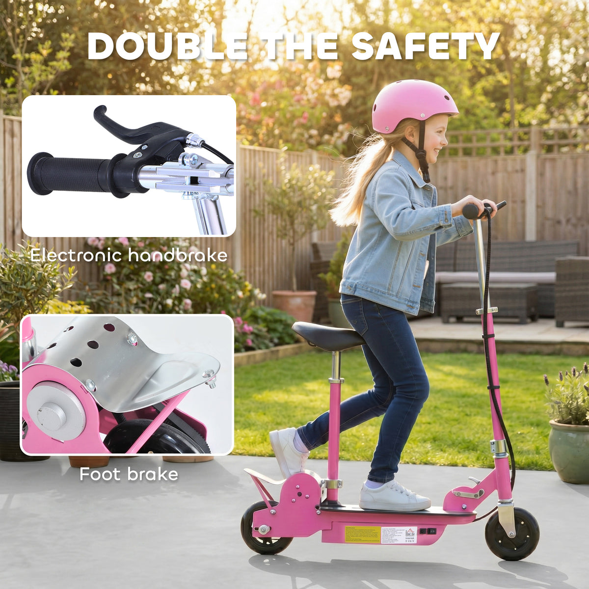 Pink HOMCOM scooter with electronic hand brake, foot brake, and adjustable seat