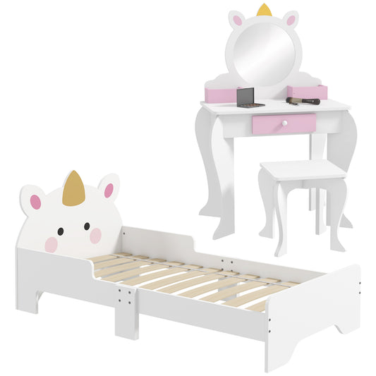 Photo of ZONEKIZ Kids Bedroom Furniture Set with Kids Dressing Table with Mirror and Stool, Toddler Bed Frame for 3-6 Years, Unicorn Design in Design colour on a white background