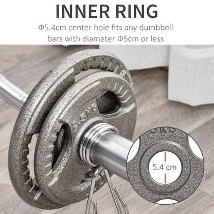 Cast iron weight plates fitted on a bar, with a 5.4 cm center hole