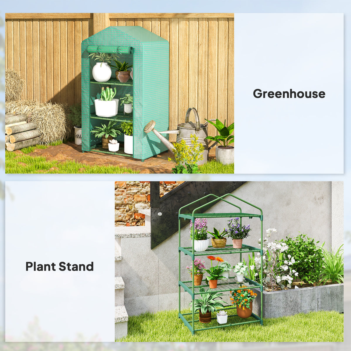 Outsunny green mini greenhouse shown assembled with three shelves and a roll-up cover