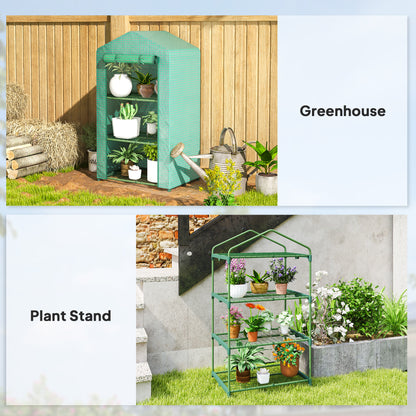 Outsunny green mini greenhouse shown assembled with three shelves and a roll-up cover