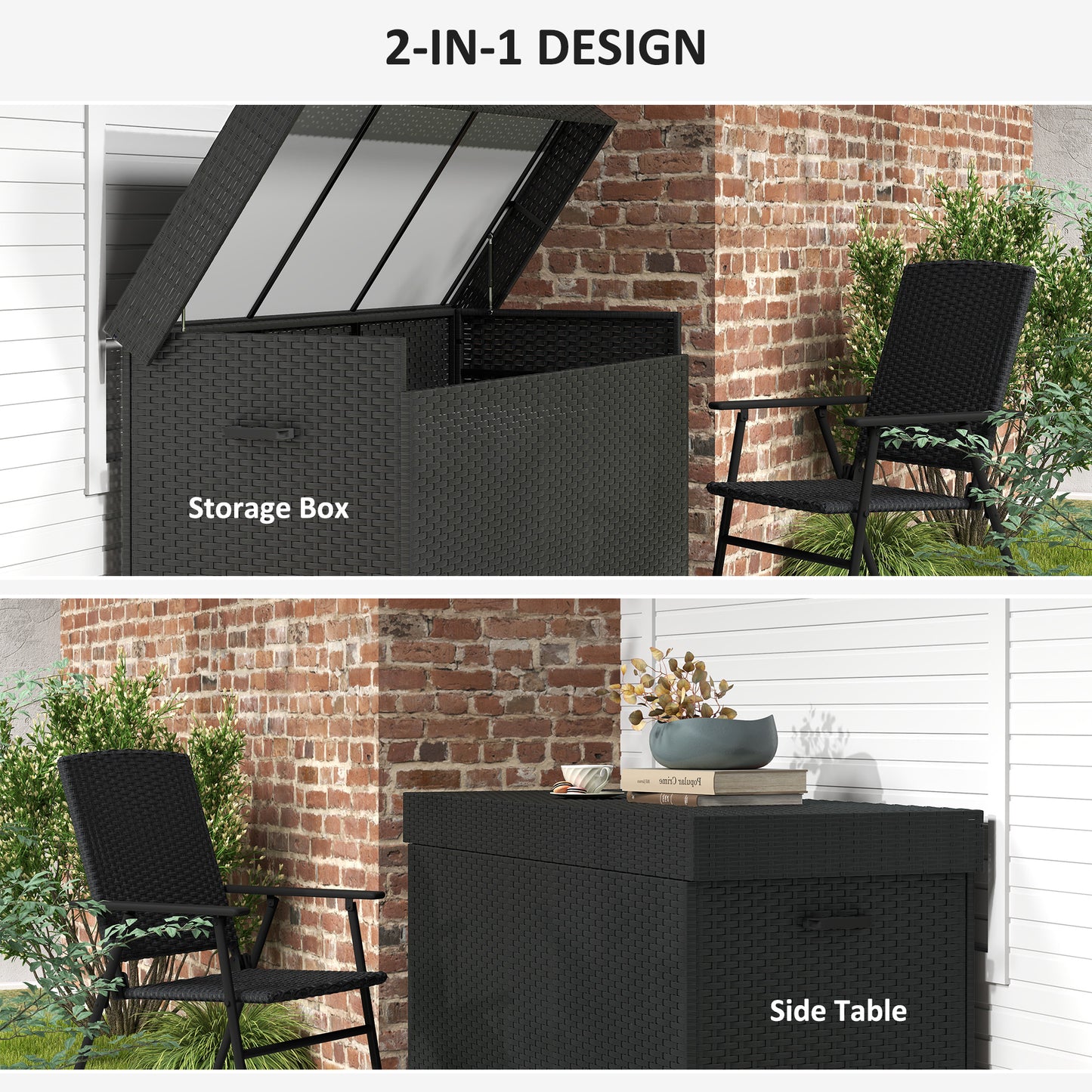 Outsunny 627L Rattan Storage Box with 2 Brake Wheels - Black