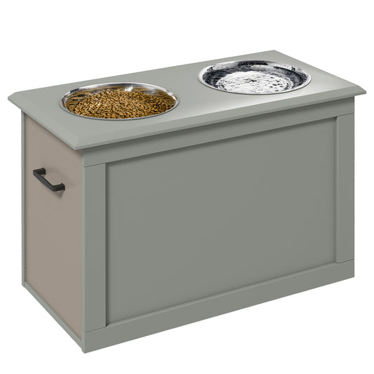Photo of PawHut Raised Dog Bowls, with Storage, Two Stainless Steel Bowls, Elevated Base - Grey in Grey colour on a white background