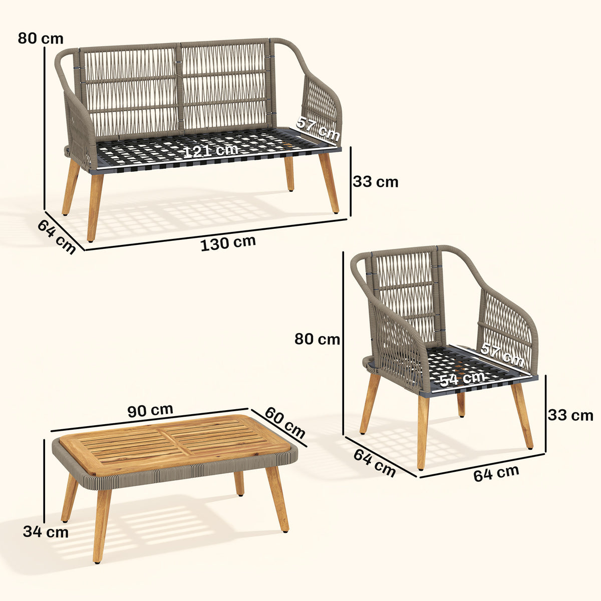 Patio set dimension diagram showing loveseat, armchair, and wood table measurements