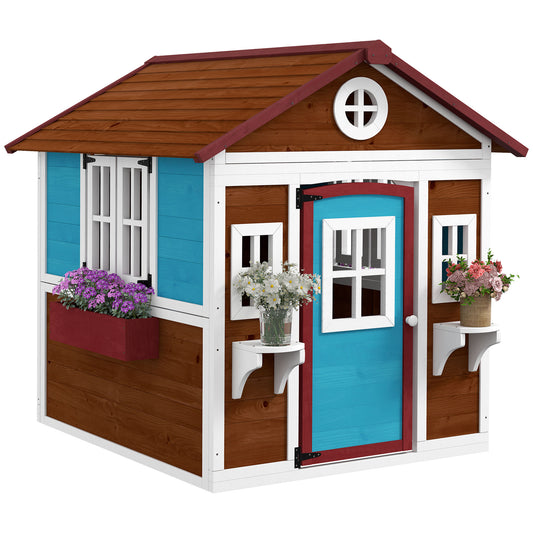 Photo of Outsunny Wooden Playhouse with Doors, Windows, Plant Pots, Boxes, for 3-8 Years - Dark Brown in Brown colour on a white background