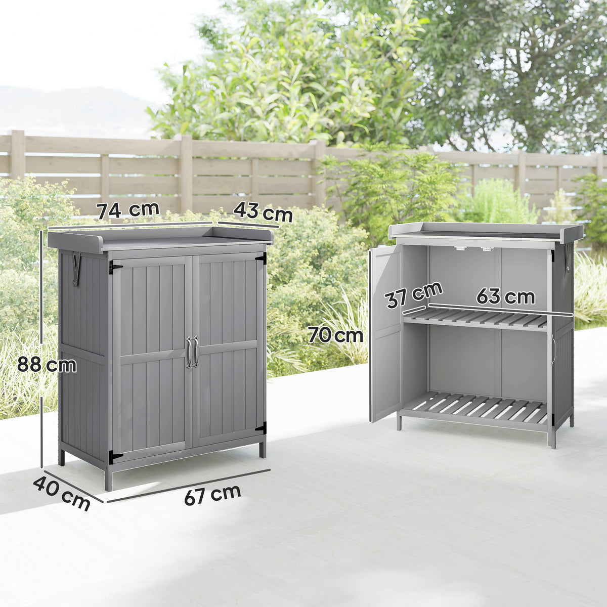 Grey garden shed shown closed and open, with double doors, inner shelf and labeled dimensions
