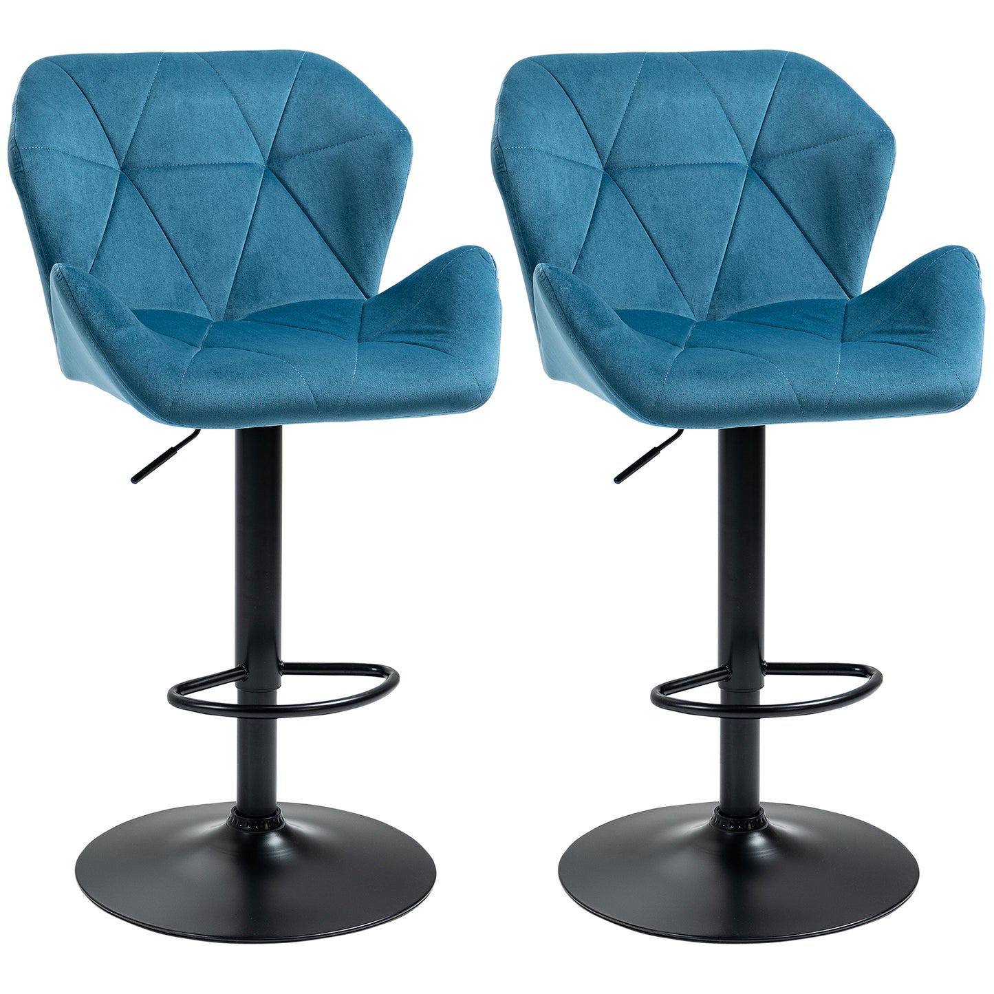 Photo of HOMCOM Bar Stools Set Of 2, Luxurious Velvet-Touch Barstools with Metal Frame Footrest Round Base Triangle Indenting Moulded Seat Adjustable Height Swivel Blue in Blue colour on a white background