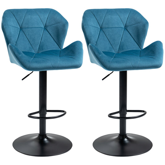 Photo of HOMCOM Bar Stools Set Of 2, Luxurious Velvet-Touch Barstools with Metal Frame Footrest Round Base Triangle Indenting Moulded Seat Adjustable Height Swivel Blue in Blue colour on a white background