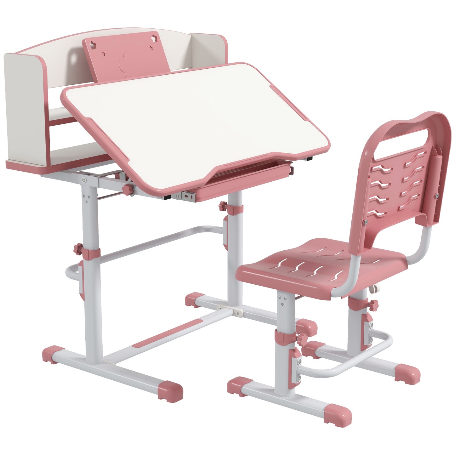Photo of ZONEKIZ Height Adjustable Kids Study Table and Chair Set, with Drawer, Storage Shelf, 80 x 54.5 x 104 cm, Pink in Pink colour on a white background