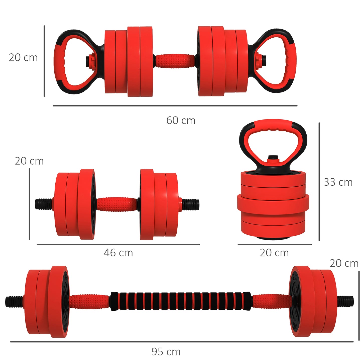 SPORTNOW 20kg 6-In-One Adjustable Weight Dumbbells Set, Barbell, Kettlebell, Push Up Stand - Red