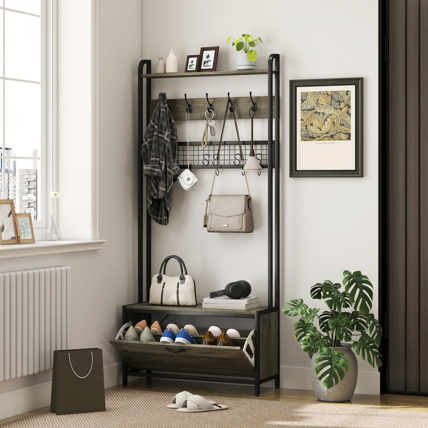 HOMCOM 5-In-1 Industrial-Style Hallway Tree - Grey/Black