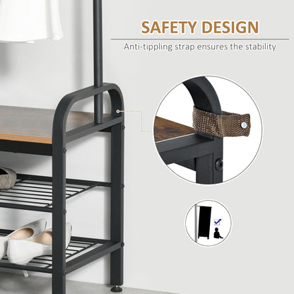 HOMCOM shoe bench frame with anti-tip strap secured around the metal upright