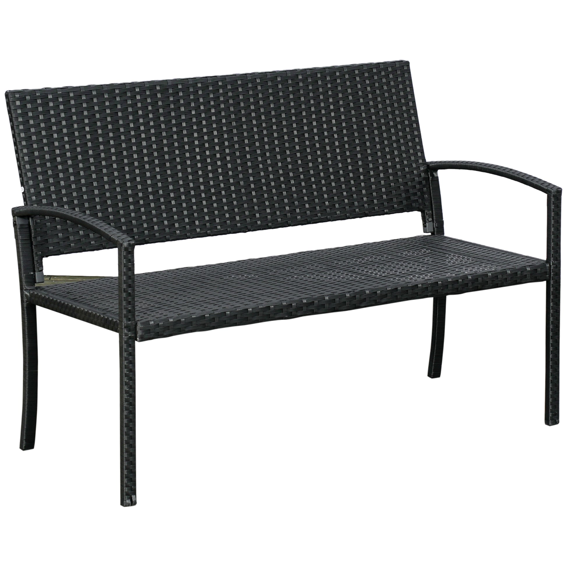 Photo of Outsunny 2 Seater Poly Rattan Garden Bench, All Weather Wicker Garden Loveseat, Outdoor Seating Bench with 240 Load Capacity, Backrest and Armrests for Patio, Terrace, Balcony, Black in Black colour on a white background