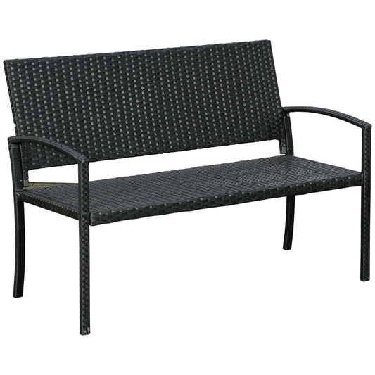 Photo of Outsunny 2 Seater Poly Rattan Garden Bench, All Weather Wicker Garden Loveseat, Outdoor Seating Bench with 240 Load Capacity, Backrest and Armrests for Patio, Terrace, Balcony, Black in Black colour on a white background