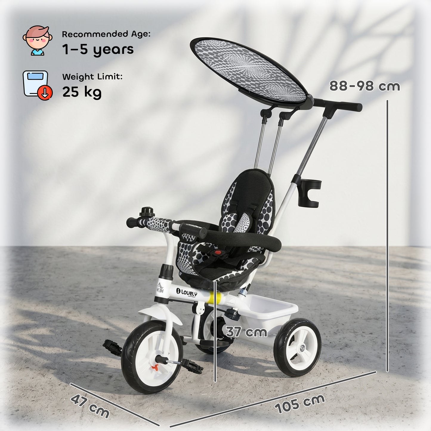 HOMCOM 6 in 1 Tricycle for Kids with 5-point harness straps, Removable Canopy, White