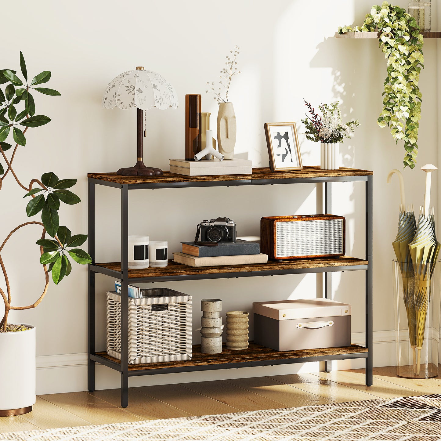 HOMCOM 3-Tier Console Table with Storage Shelves - Rustic Brown