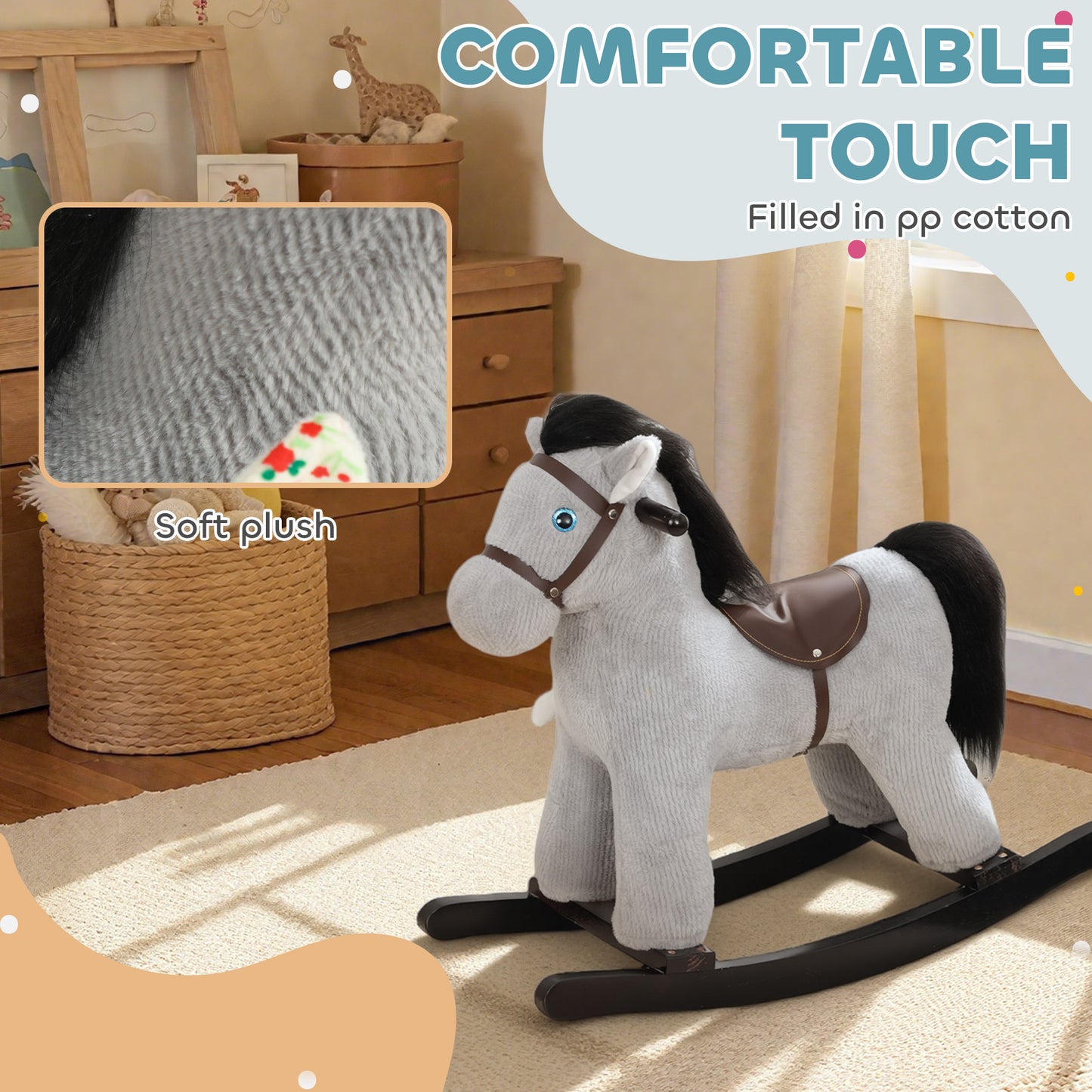 AIYAPLAY Baby Rocking Horse, Plush Ride on Toy with Handle Grip, Sound and Doll, Toddler Animal Rocker for Kids Aged 2-5, Grey