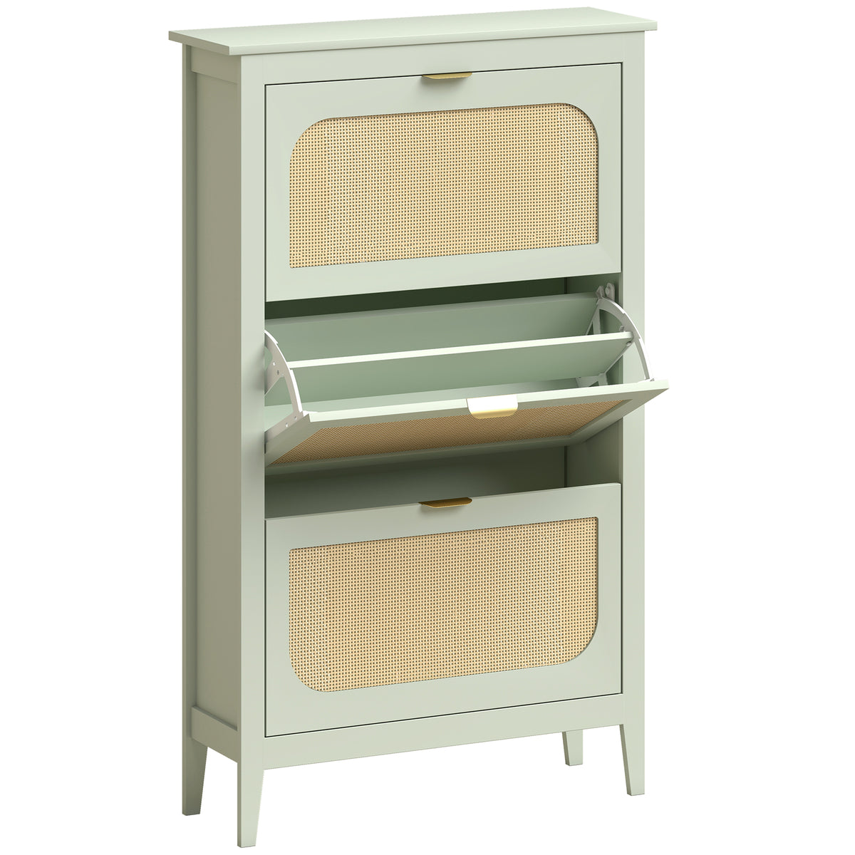 Photo of HOMCOM Narrow Shoe Cabinet, Boho Slim Shoe Storage Cabinet with 3 Flip Drawers, Holds 21 Pairs, Light Green in Green colour on a white background