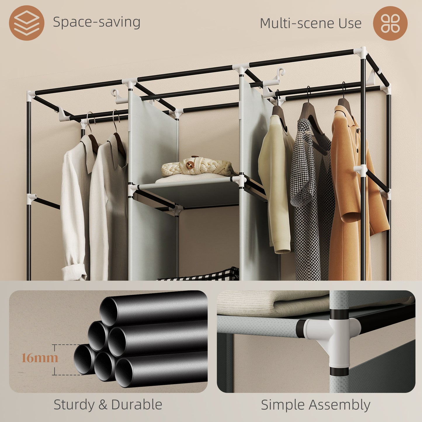 HOMCOM Foldable Fabric Wardrobe for Bedroom, Portable Wardrobe with 5 Shelves, 2 Hanging Rails and 3 Fabric Drawers, Light Grey