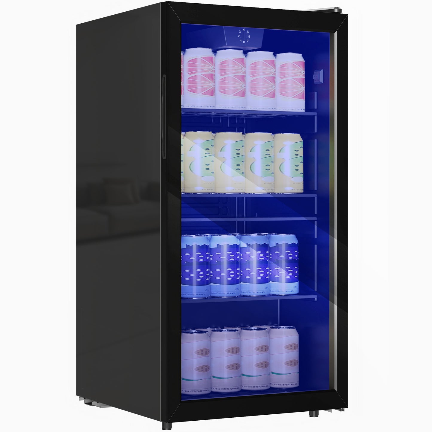 Photo of HOMCOM 93L Drinks Fridge, 115 Can Freestanding Beer Fridge with Glass Door, Adjustable Shelves, LED Light, for Beer Soda, Black in Black colour on a white background