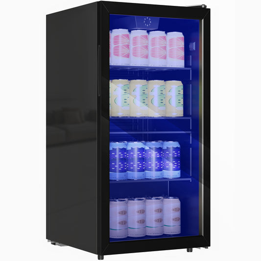 Photo of HOMCOM 93L Drinks Fridge, 115 Can Freestanding Beer Fridge with Glass Door, Adjustable Shelves, LED Light, for Beer Soda, Black in Black colour on a white background