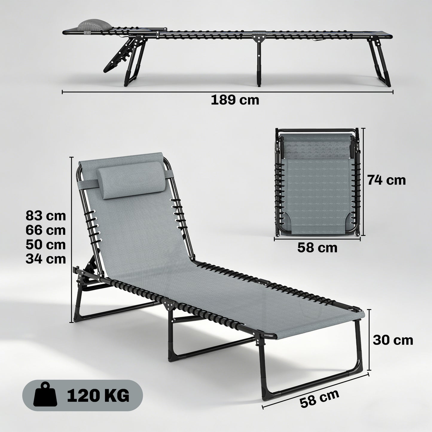 Outsunny Folding Sun Lounger, with Four-Position Back - Light Grey