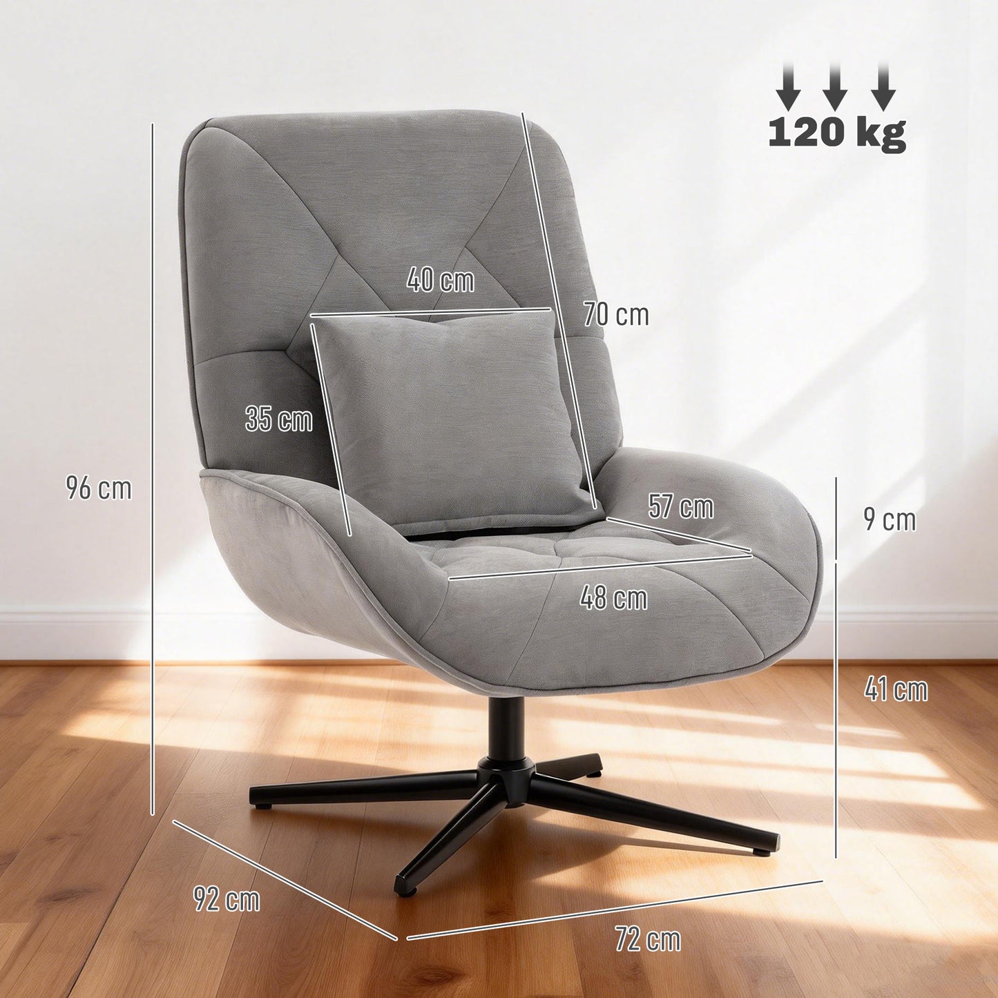 HOMCOM Accent Chair, Chenille Upholstered Swivel Armchair with Lumbar Pillow, High Back, Deep Seat and Metal Legs, Light Grey
