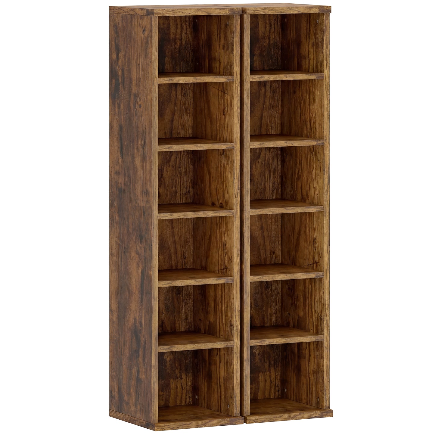 Photo of HOMCOM Set of 2 CD Media Display Shelf Unit Tower Rack with Adjustable Shelves, Rustic Brown in Brown colour on a white background