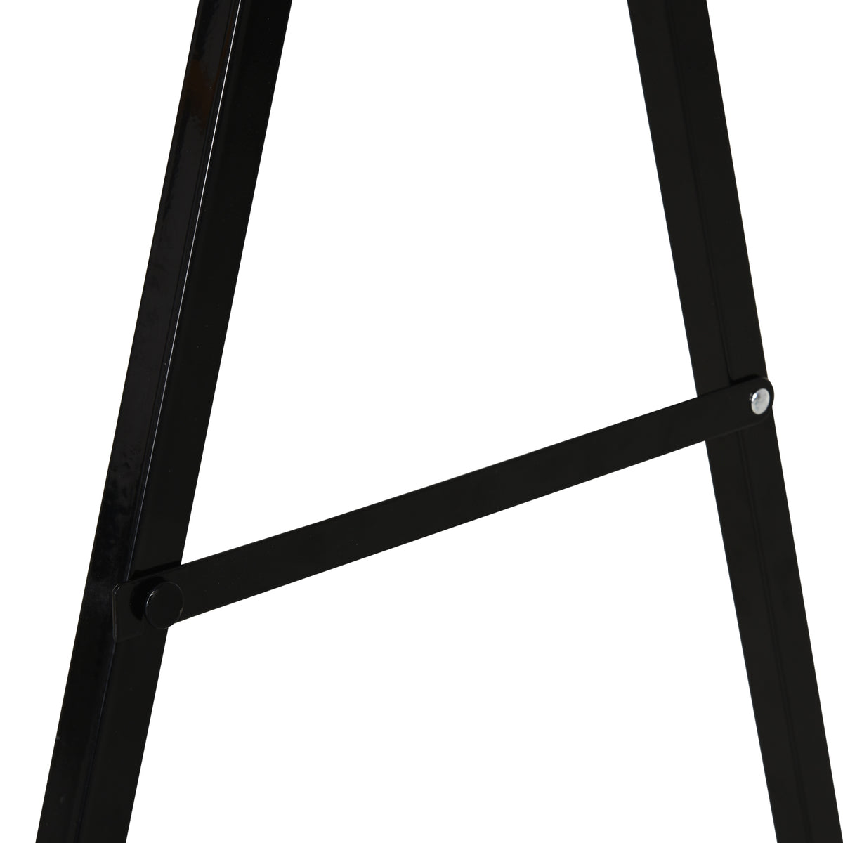Close-up of a black metal sawhorse leg and crossbar joint