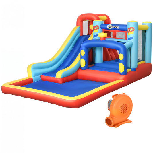 Photo of Outsunny 4-in-1 Bouncy Castle, with Slide, Trampoline, Climbing Wall, Blower, Multicoloured in Multicoloured colour on a white background