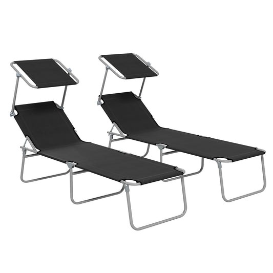 Photo of Outsunny Foldable Sun Lounger Set of 2 with Sun Shade & Adjustable Backrest - Black in Black colour on a white background