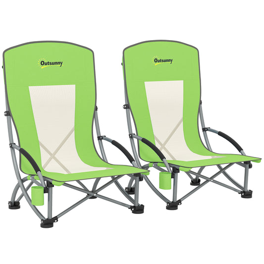 Photo of Outsunny Set of 2 Folding Beach Chair, Low Camping Chair with Mesh Back, Carry Bag and Cup Holder for Garden Outdoor Picnic Festival Travel, Green in Green colour on a white background