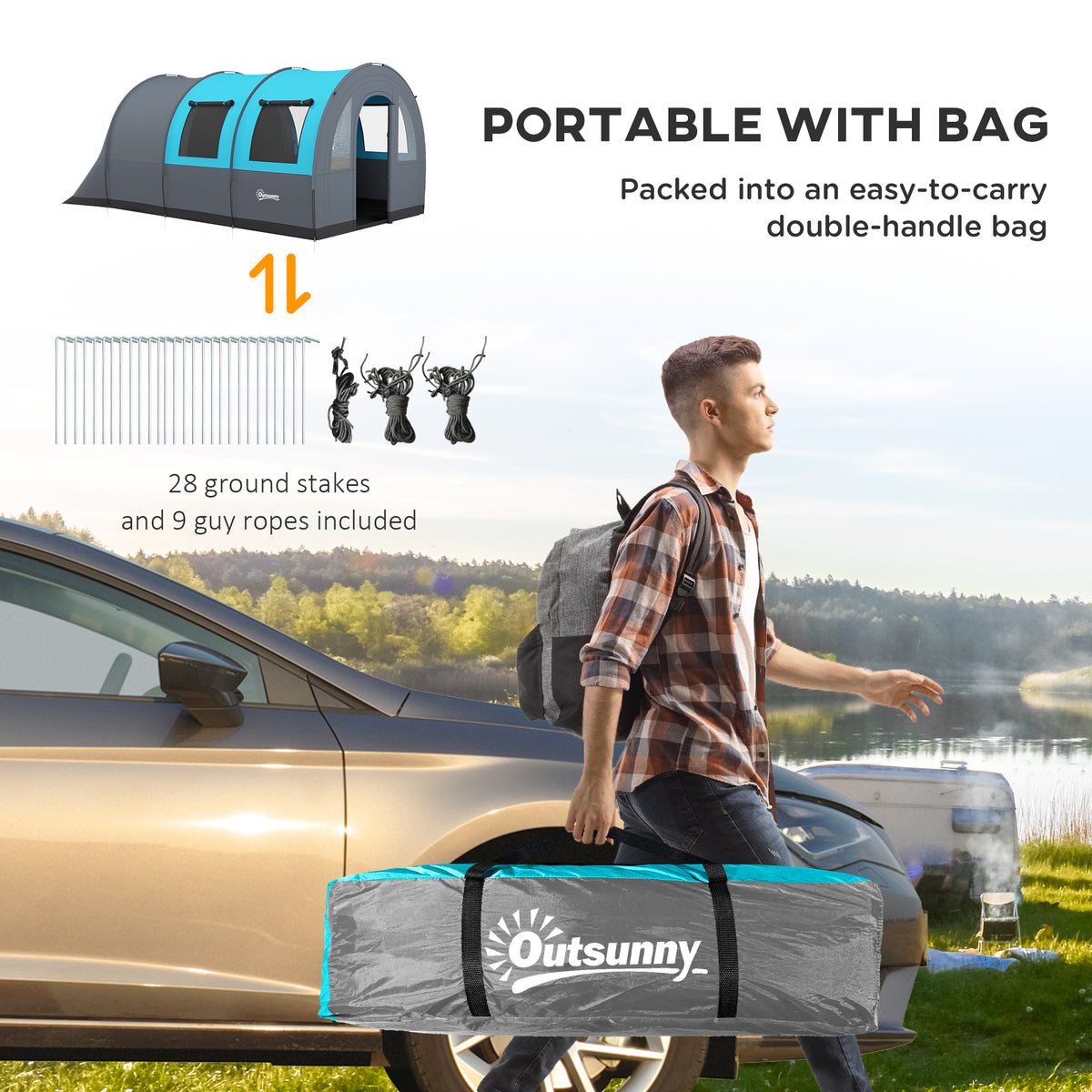 Outsunny Three Man Duo Room Tunnel Tent, with Accessories - Grey/Blue