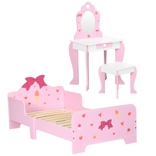 Photo of ZONEKIZ 3PCs Kids Bedroom Furniture Set with Bed, Dressing Table and Stool, Princess Themed, for 3-6 Years Old, Pink in Pink colour on a white background