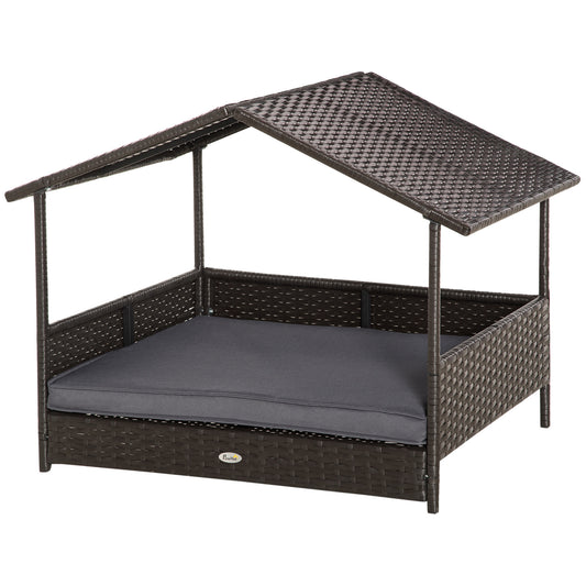 Photo of PawHut Wicker Dog Bed, Elevated Rattan Dog House with Removable Cushion and Canopy, for Small and Medium Dogs, 98 x 69 x 70cm - Grey in Grey colour on a white background