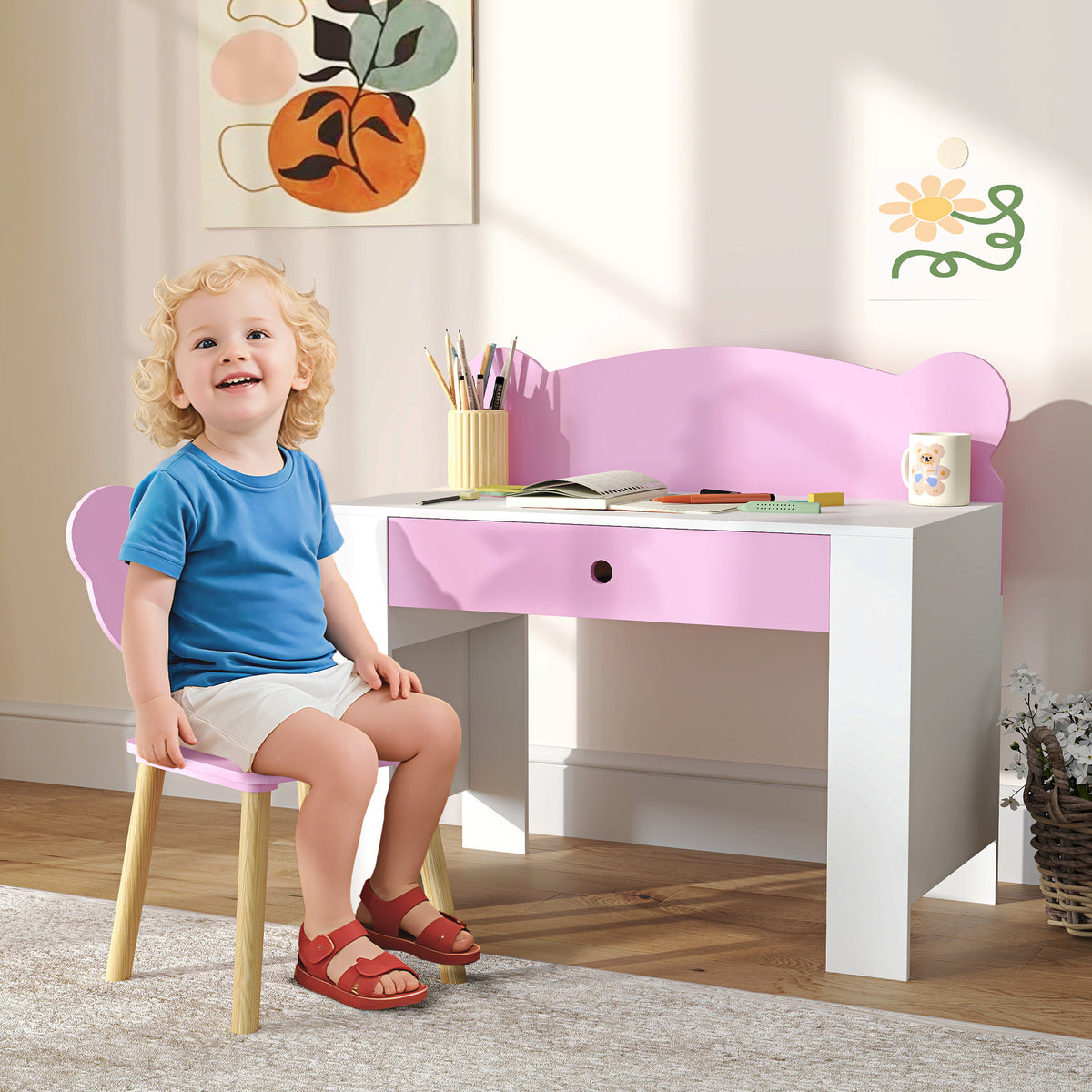 AIYAPLAY Kids Desk and Chair Set with Drawer for Drawing, Reading, Bear Theme Children Furniture for Bedroom, Daycare, Pink