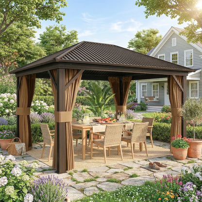 Brown aluminium hardtop gazebo with curtains open over an outdoor dining set