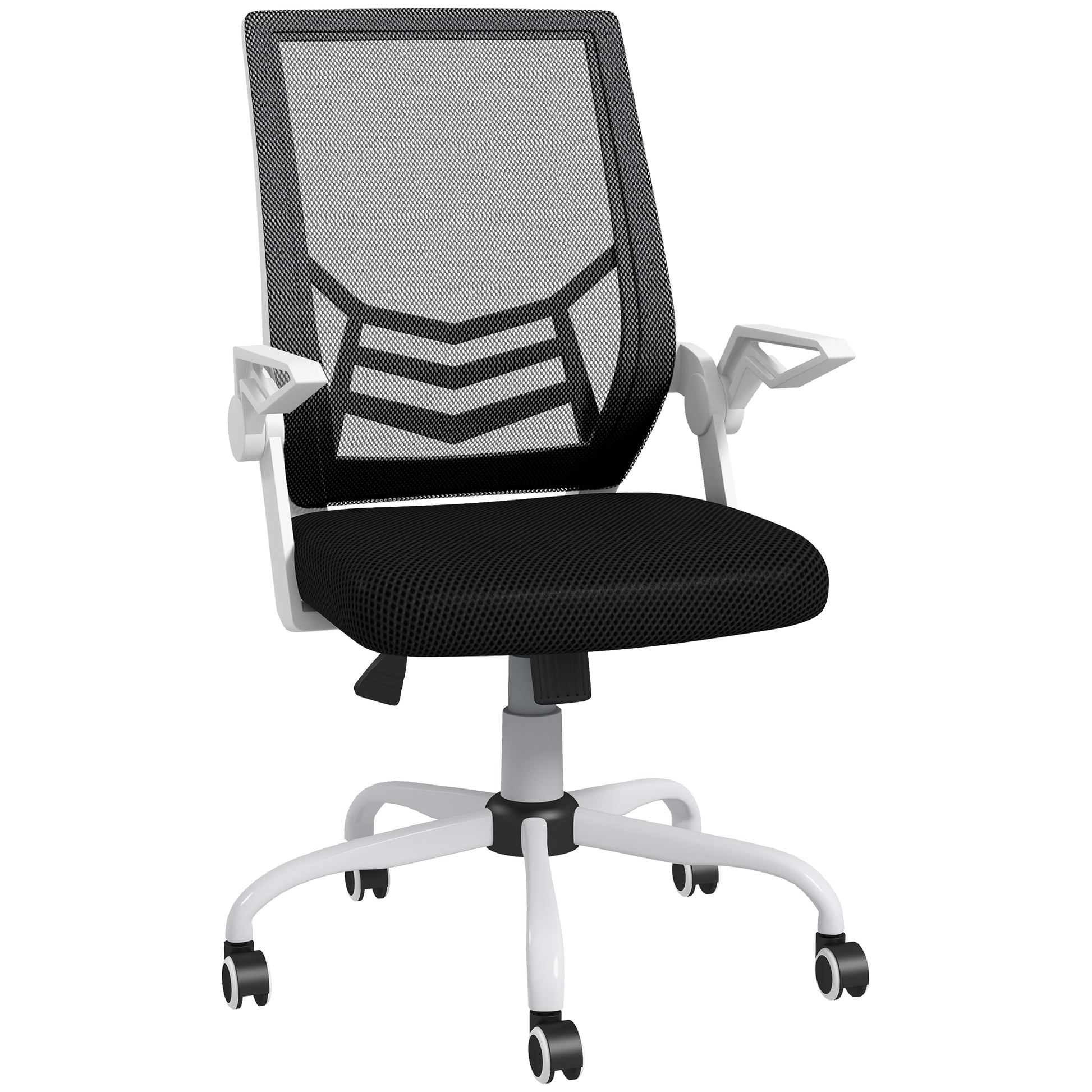 Photo of Vinsetto Mesh Office Chair, Computer Desk Chair with Flip-up Armrests, Lumbar Back Support and Swivel Wheels, Black in Black colour on a white background