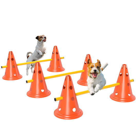 Photo of PawHut Dog Agility Equipment Set of Six Cones, Six Poles with Carry Bag, Three-Piece Adjustable Height Jumping Obstacles Orange in Orange colour on a white background