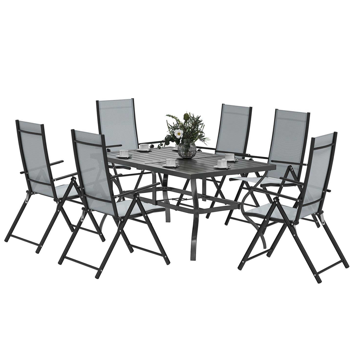 Photo of Outsunny Seven-Piece Steel Outdoor Dining Set, with Parasol Hole - Grey in Grey colour on a white background