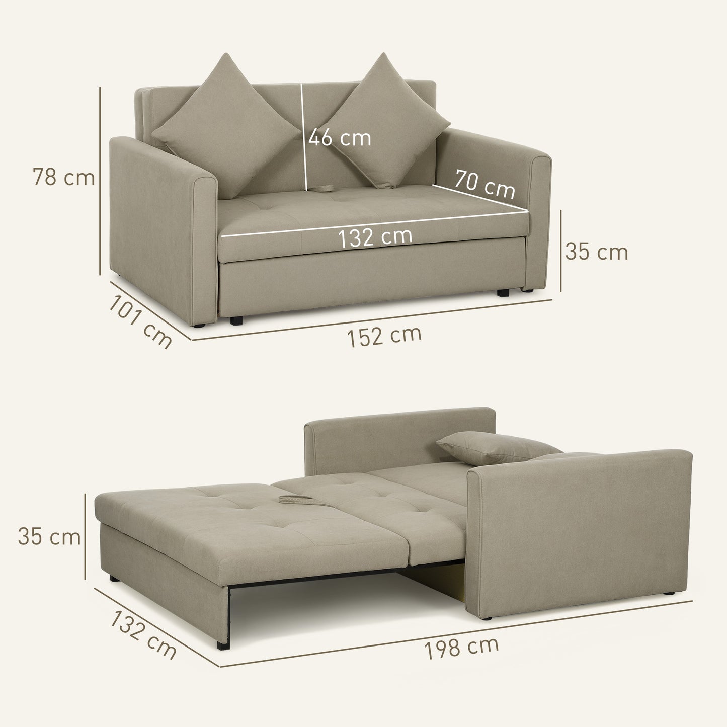 HOMCOM 2 Seater Sofa Bed with Hidden Storage, Pull Out Convertible Bed Settee, Modern Snow Flannel Loveseat Sofa Sleeper with 2 Cushions for Living Room, Guest Room, Light Brown