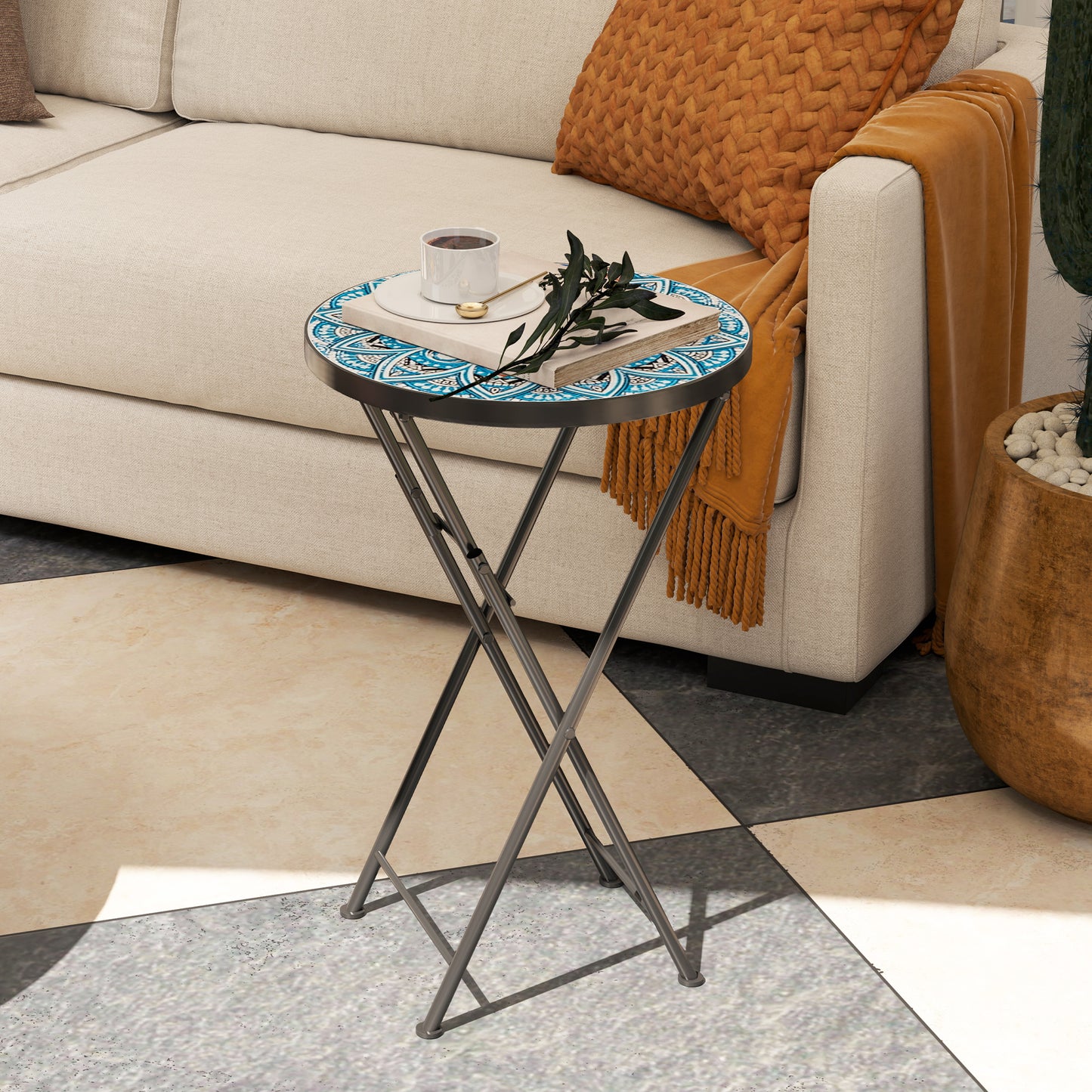 Outsunny Mosaic Outdoor Garden Table, 35.5cm Round Folding Coffee Table with Metal Frame for Balcony Terrace, Blue