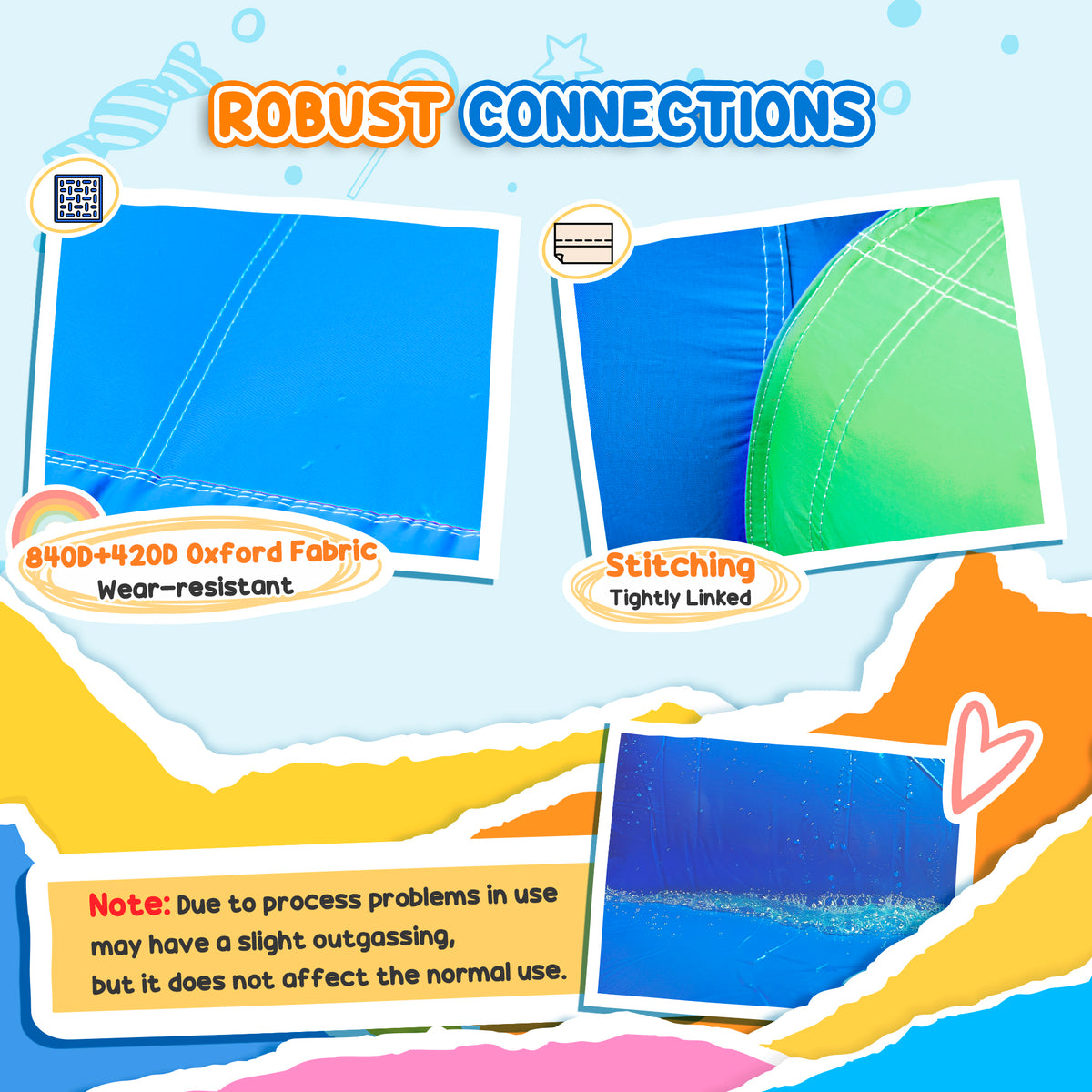 Inflatable bounce house fabric and reinforced seams, with close-ups of blue and green material