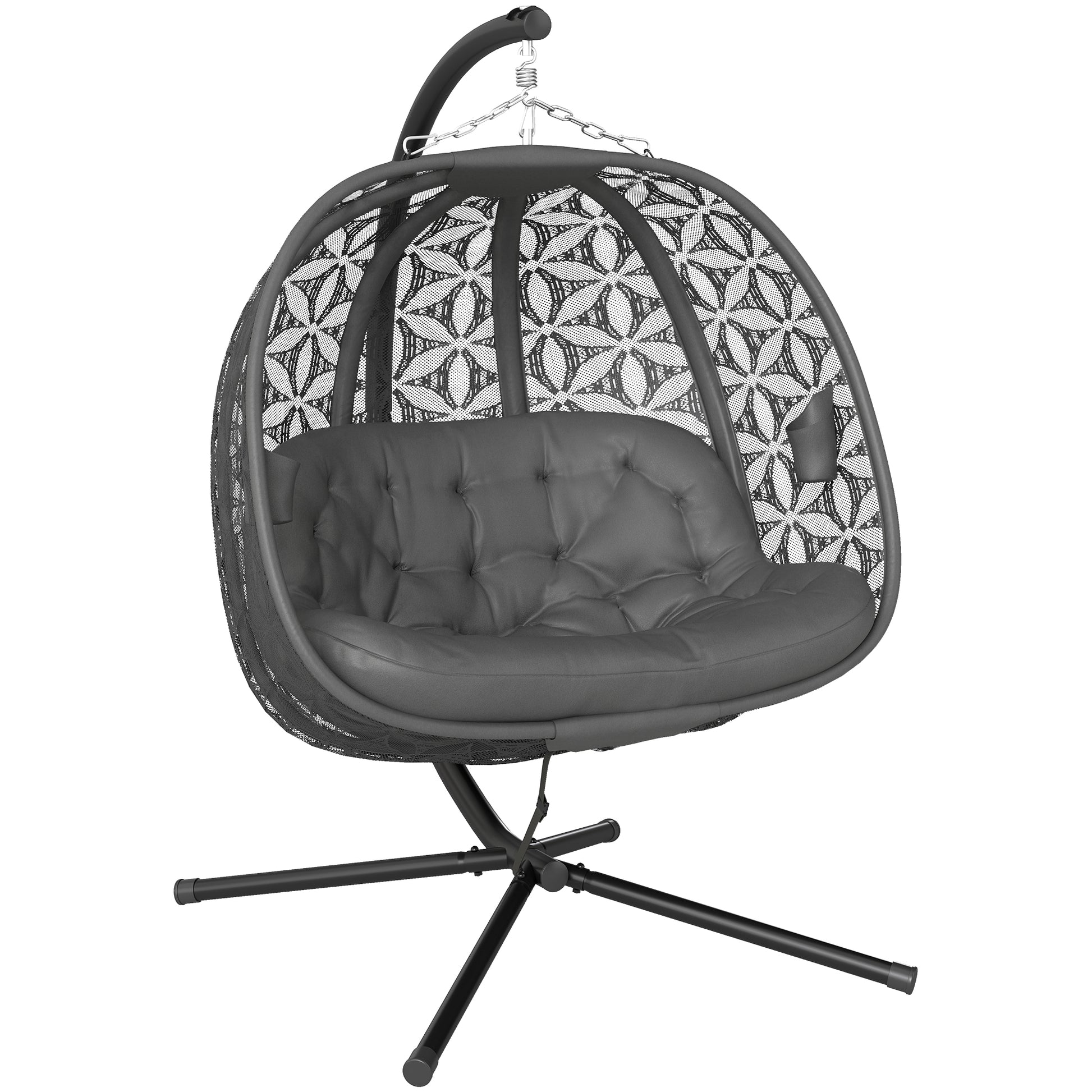 Photo of Outsunny Outdoor Double Hanging Chair with Cushion and Cup Holders, Charcoal Grey in Grey colour on a white background
